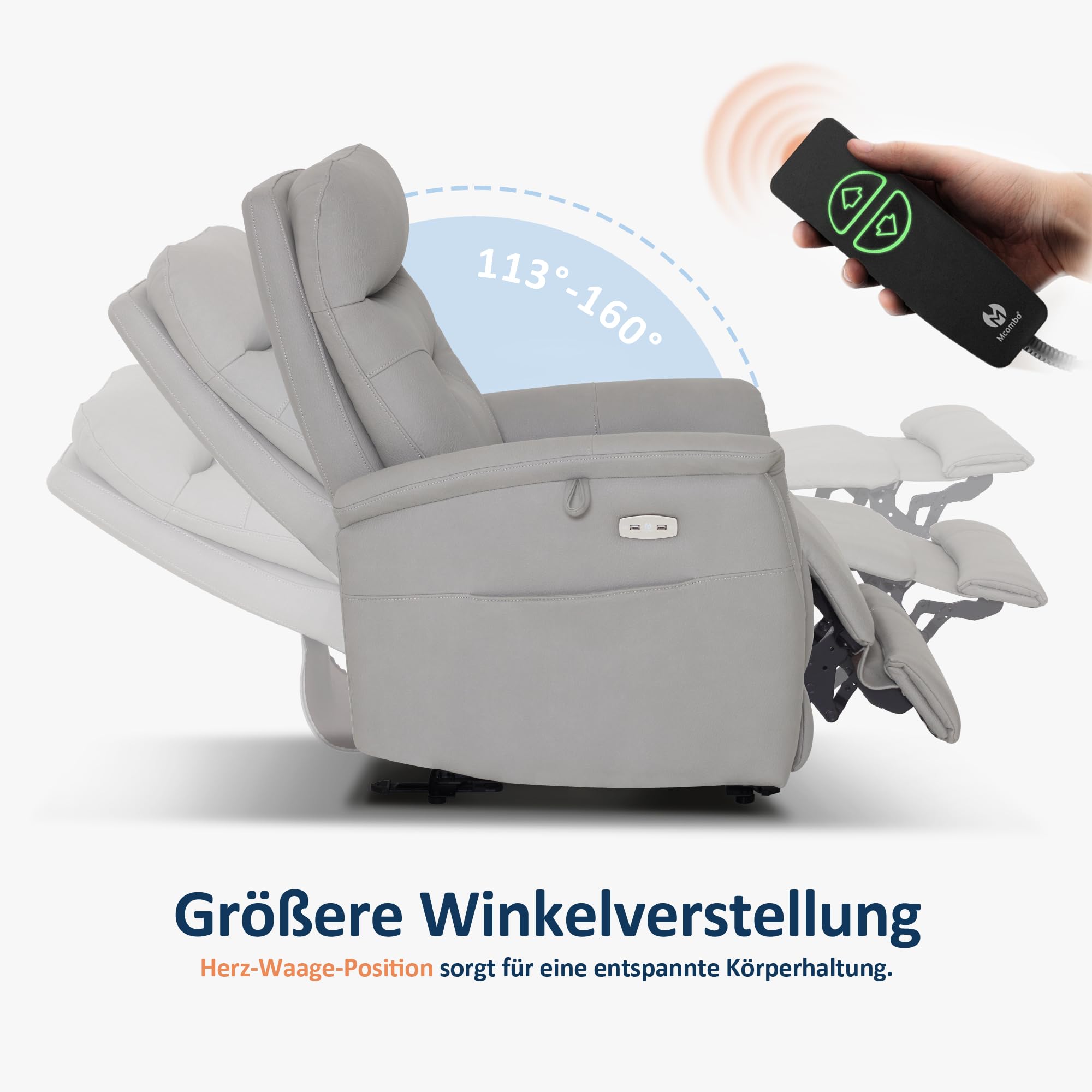 M MCombo Relaxsessel mit Liegefunktion, Fernsehsessel Elektrisch Verstellbar, TV Sessel mit 160° Liegefunktion, Recliner Chair, USB & Seitentasche, Sessel Wohnzimmer Relax, 7077 (Hellgrau)