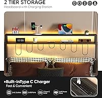 Vista 5 de Base de cama matrimonial con estación de carga y luces LED, plataforma de cama de tamaño matrimonial con listones de metal, cabecera tapizada