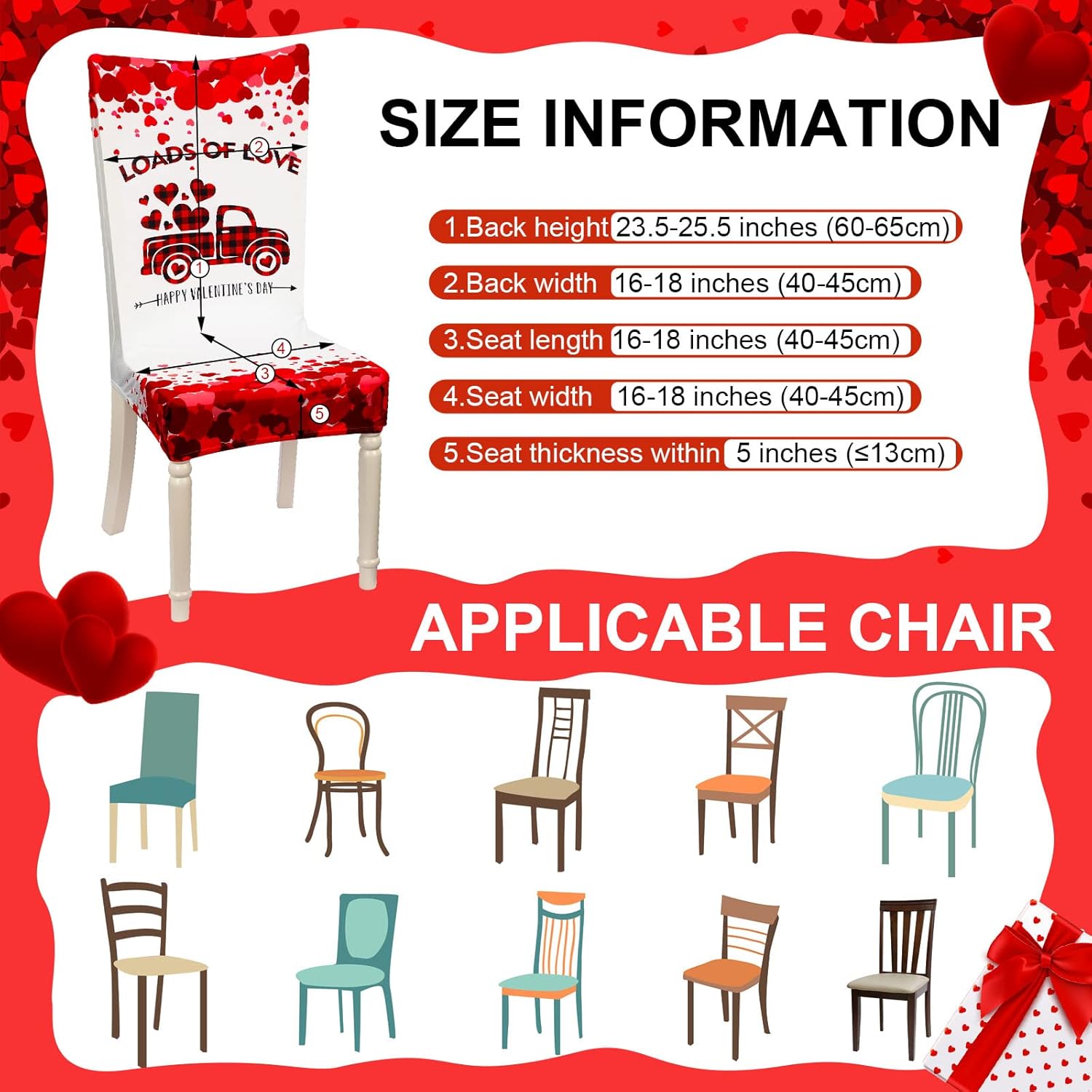 6 Pieces Valentine's Day Love Heart Stretch Chair Covers Removable Washable Dining Chair Slipcovers Protectors with Valentine's Day Pattern for Kitchen Dining Room Hotel Living Room Restaurant Decor