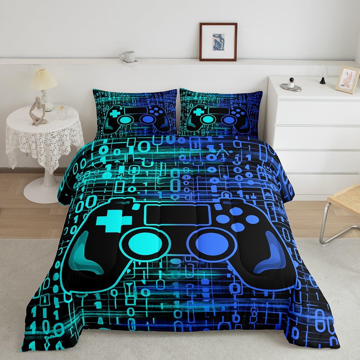 Feelyou Kids Boys Blue and Green Gamer Comforter Set Full Size, Geometric Teens Gaming Bedding Set for Game Comforter Game Room Duvet Set Gamepad Microfiber Bed Set Room Decor Set Bedding Co