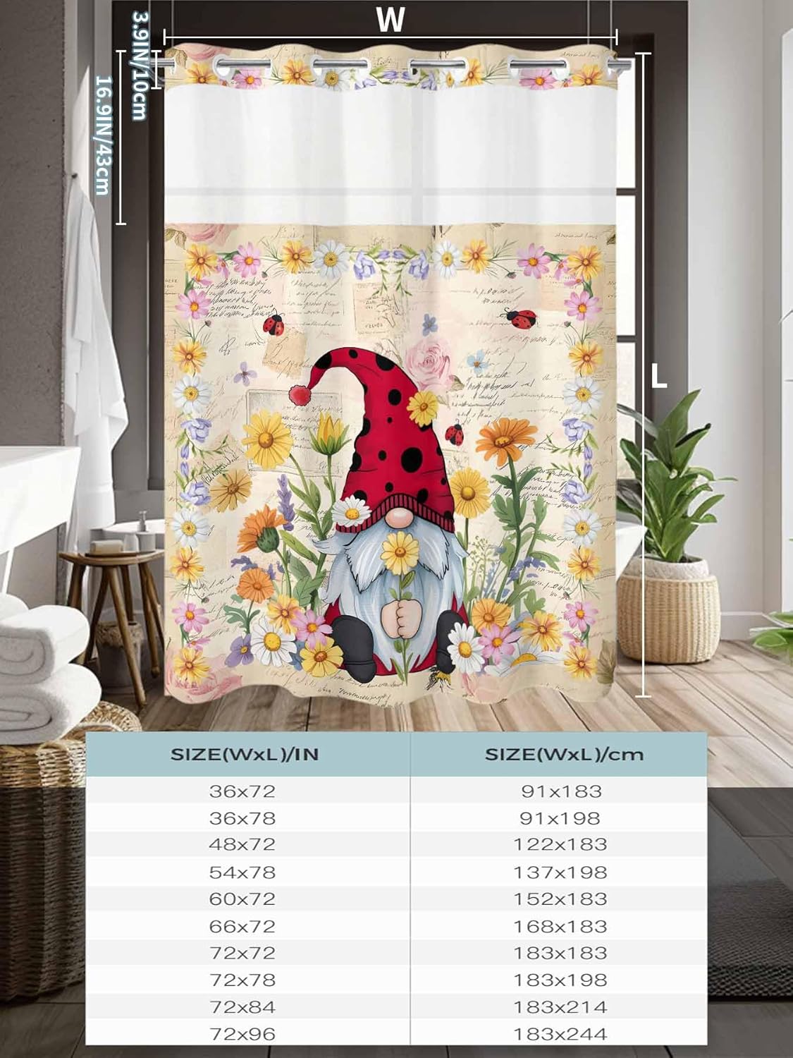 Gnomes No Hook Shower Curtain with Snap in Liner Set,Rose Daisy Floral Flower Country Farmhouse Waterproof & Washable Fabric,See Through Mesh Top Window Bath Curtain for Bathroom Bathtub Hotel 48"x72"