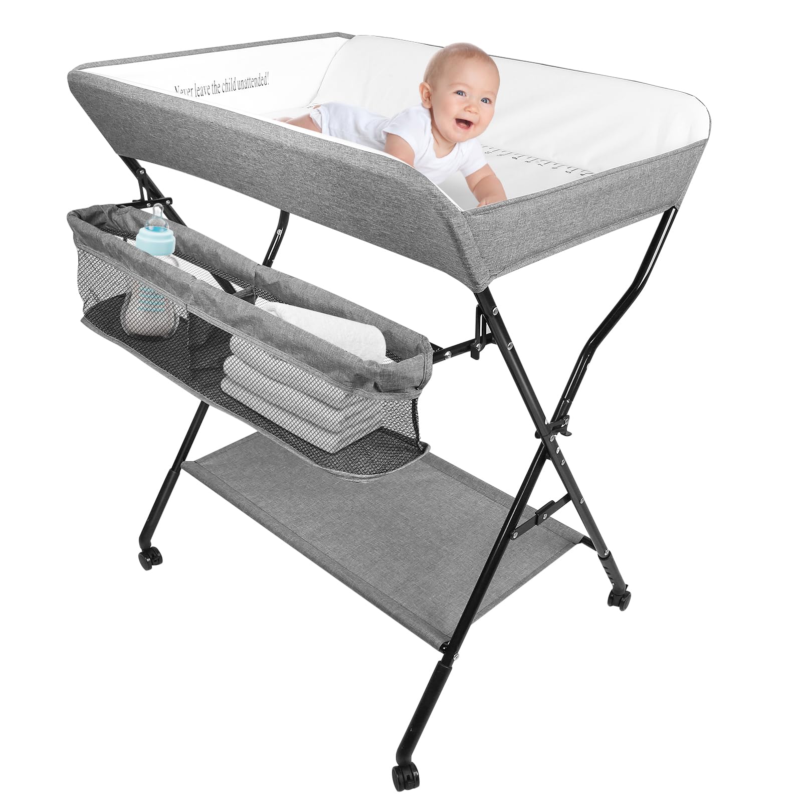Wickeltisch Faltbar und Tragbar 3 in 1, max. Belastung 25 kg für neue, Wickeltisch mit Aufbewahrungskorb, Sicherheitsgurt und 4 Rollen mit Bremse, höhenverstellbar, 86 * 62 * 96 cm-grau