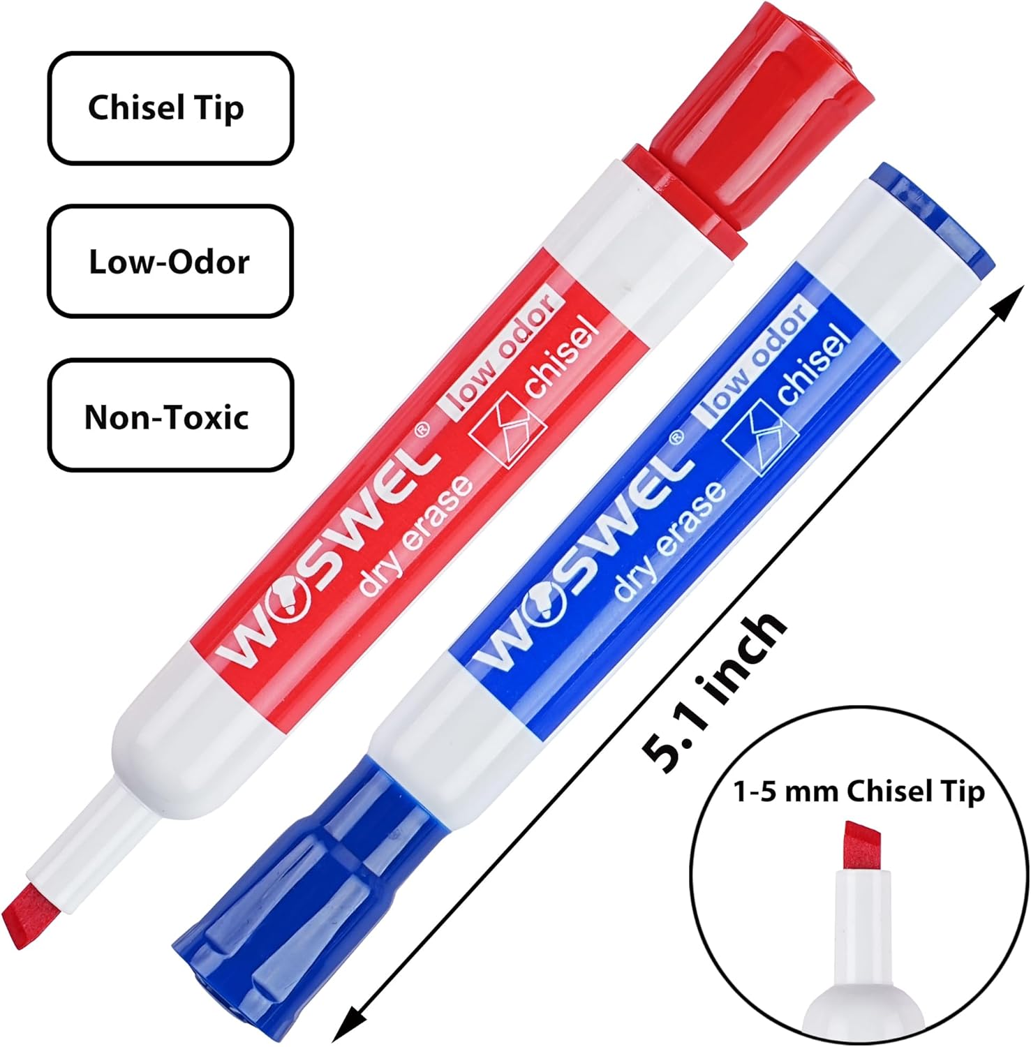 WOSWEL Dry Erase Markers, Chisel Tip Whiteboard Markers, Low Odor Thick Dry Markers,100 Bulk 5 Assorted Colors (Black/Blue/Red/Green/Purple) for Teachers, Classroom, Office & Home Use