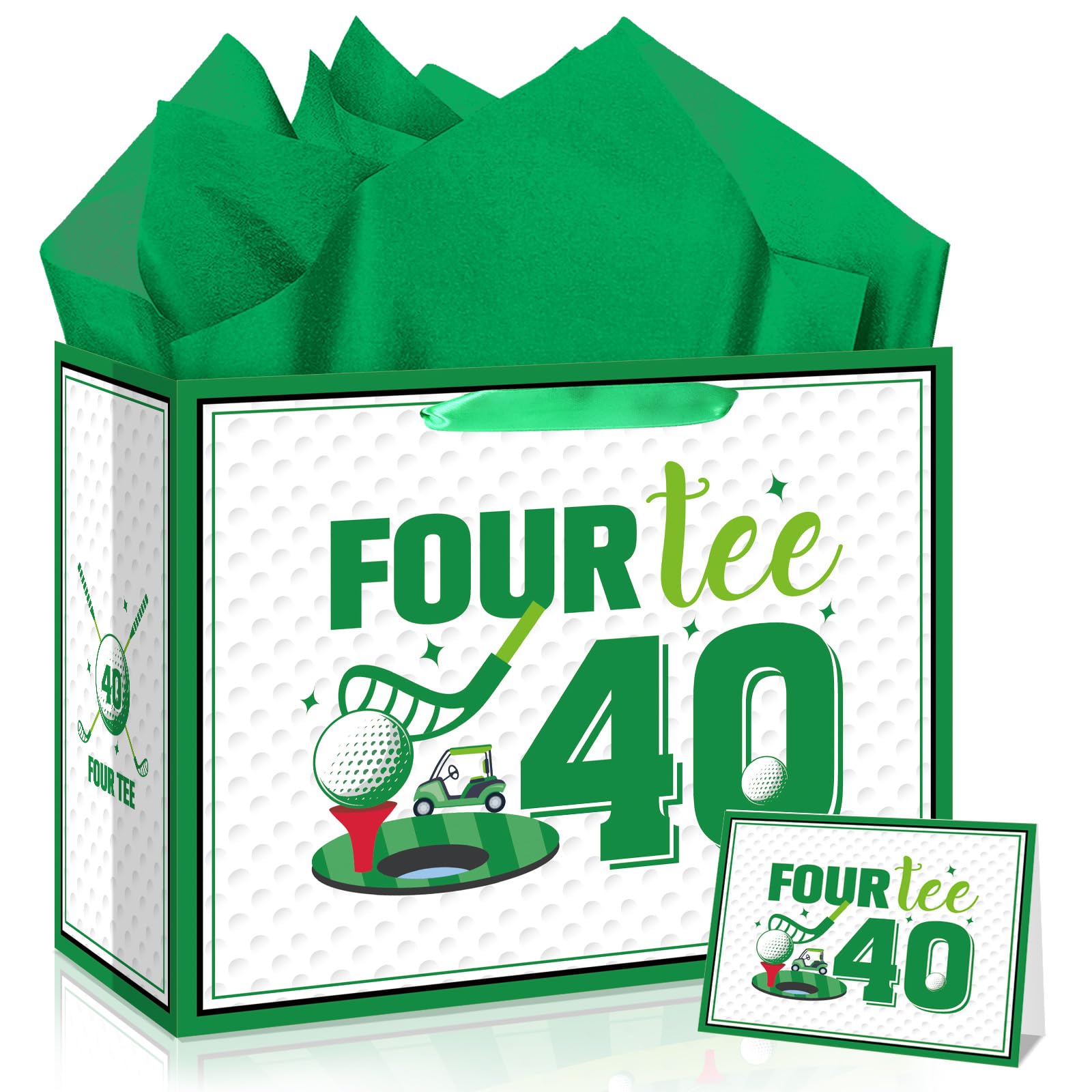 12'' Large 40th Golf Birthday Gift Bag with Greeting Card Tissue Paper Four-tee Funny Themed Party Decorations Presentation Present Bag for Men Dad Husband Golf Lovers 40th Milestone Birthday Supplies