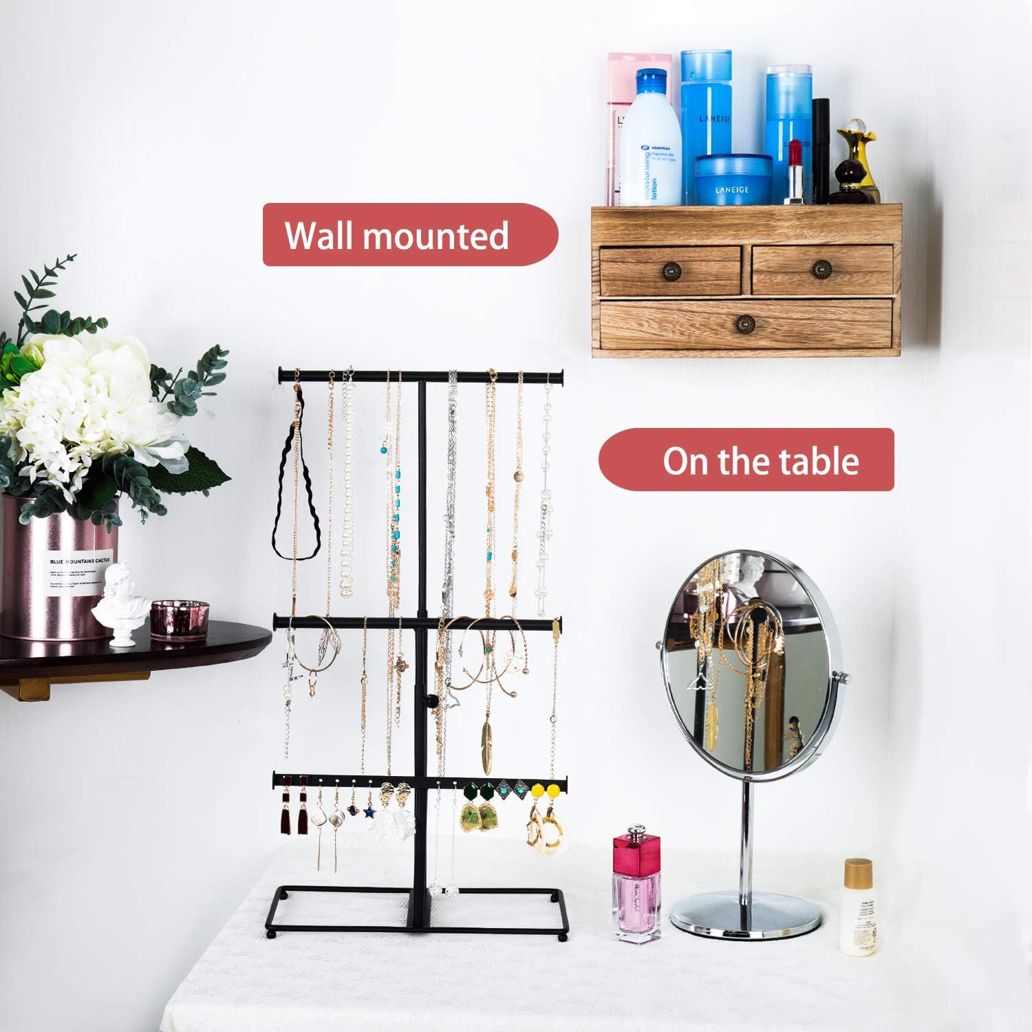 X-cosrack Jewelry Tree Stand Organizer 3 Tier Metal Jewelry Holder Stand with Wood Basic Storage Box, Adjustable Height Holder Display for Necklaces Earrings Bracelets and Rings, Carbonized Black : Clothing, Shoes & Jewelry