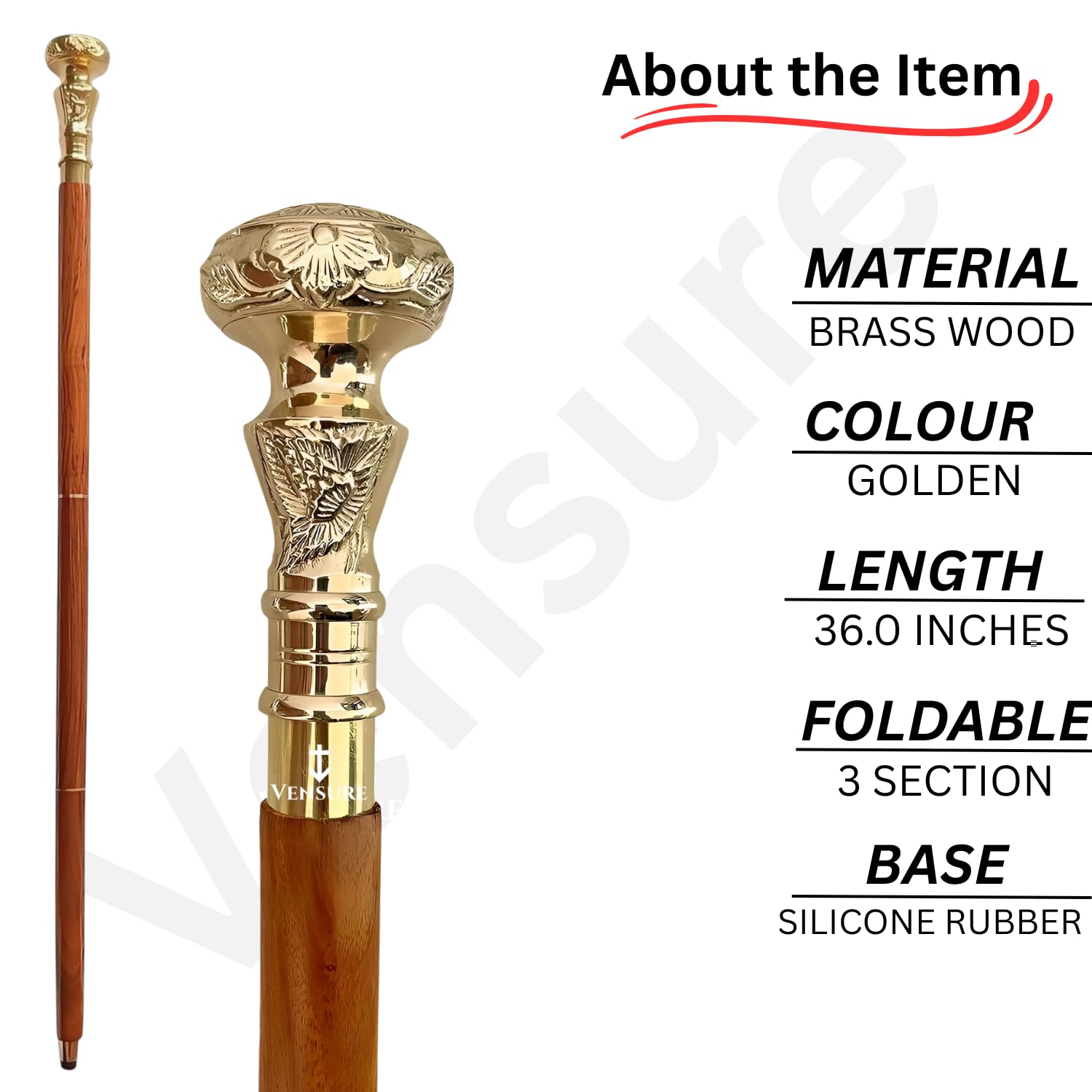 Bastón plegable de latón con mango victoriano, telescopio victoriano [36 pulgadas], bastón de madera para regalo para hombres y mujeres, VNT-022