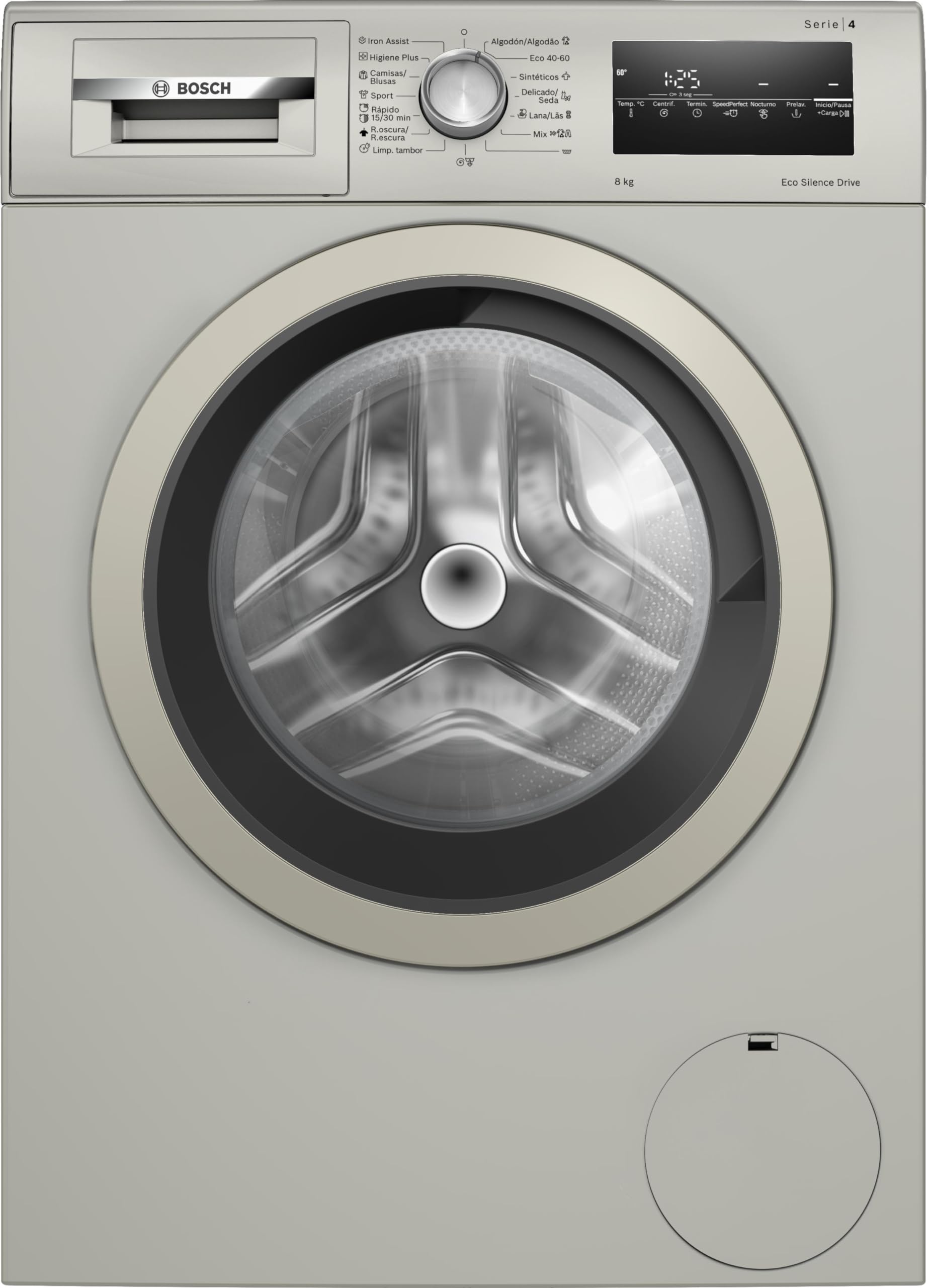 Bosch - Lavadora Libre Instalación, 8 kg, Serie 4, Motor EcoSilence, Pausa+ Carga, Acero, WAN2428XES Etiqueta Energética