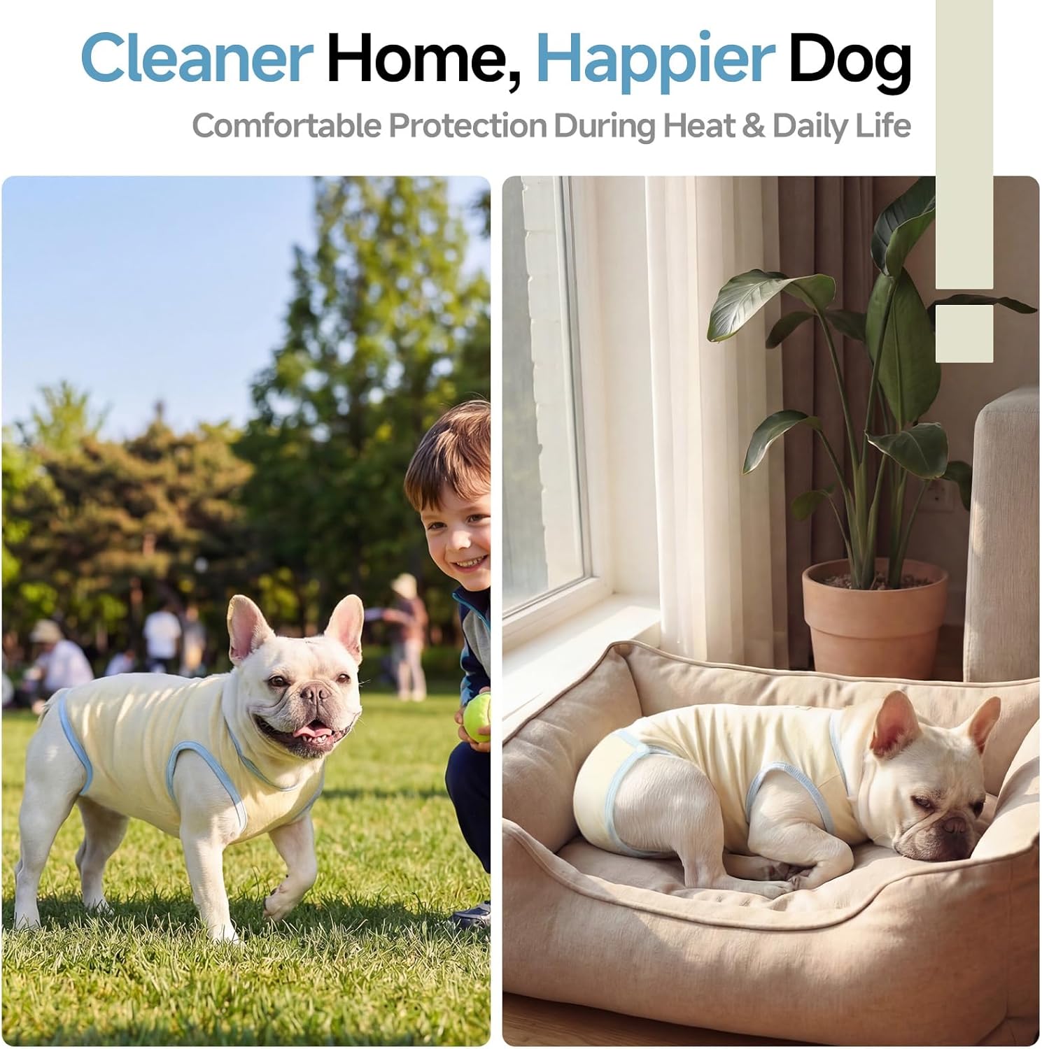 QBLEEV French Bulldog Diapers Female No Tail Hole, Reusable Sanitary Panties for Dogs in Heat or Incontinence, Washable & Escape-Proof Dog Period Underwear Onesie for Docked-Tail Frenchie Boston