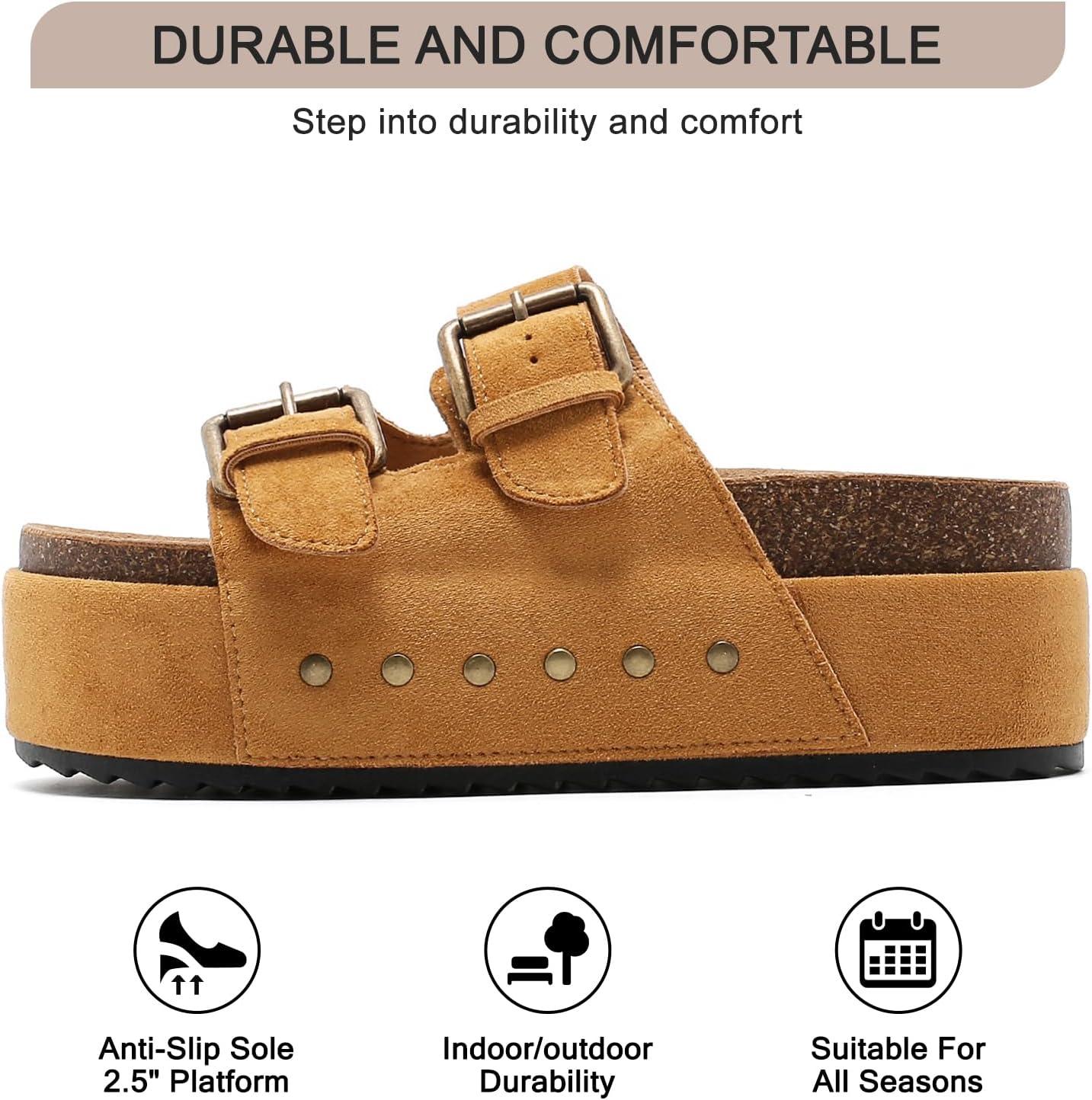 YorFotMae Women's Platform Sandals Cork Footbed Slides with Double Buckles image 5