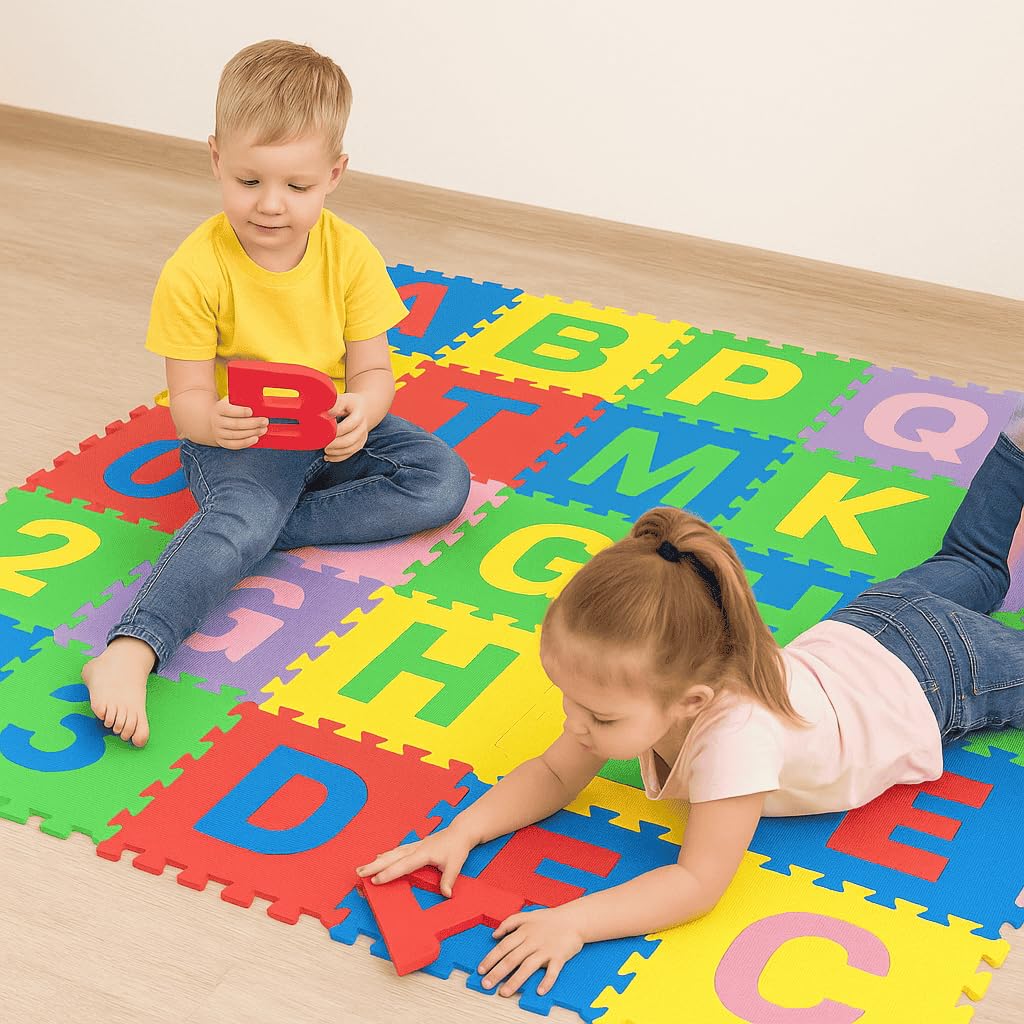 Tappetino puzzle 36 piastrine (86 pezzi) in gomma con lettere e numeri, 180 x 180 cm (3,24 m2)