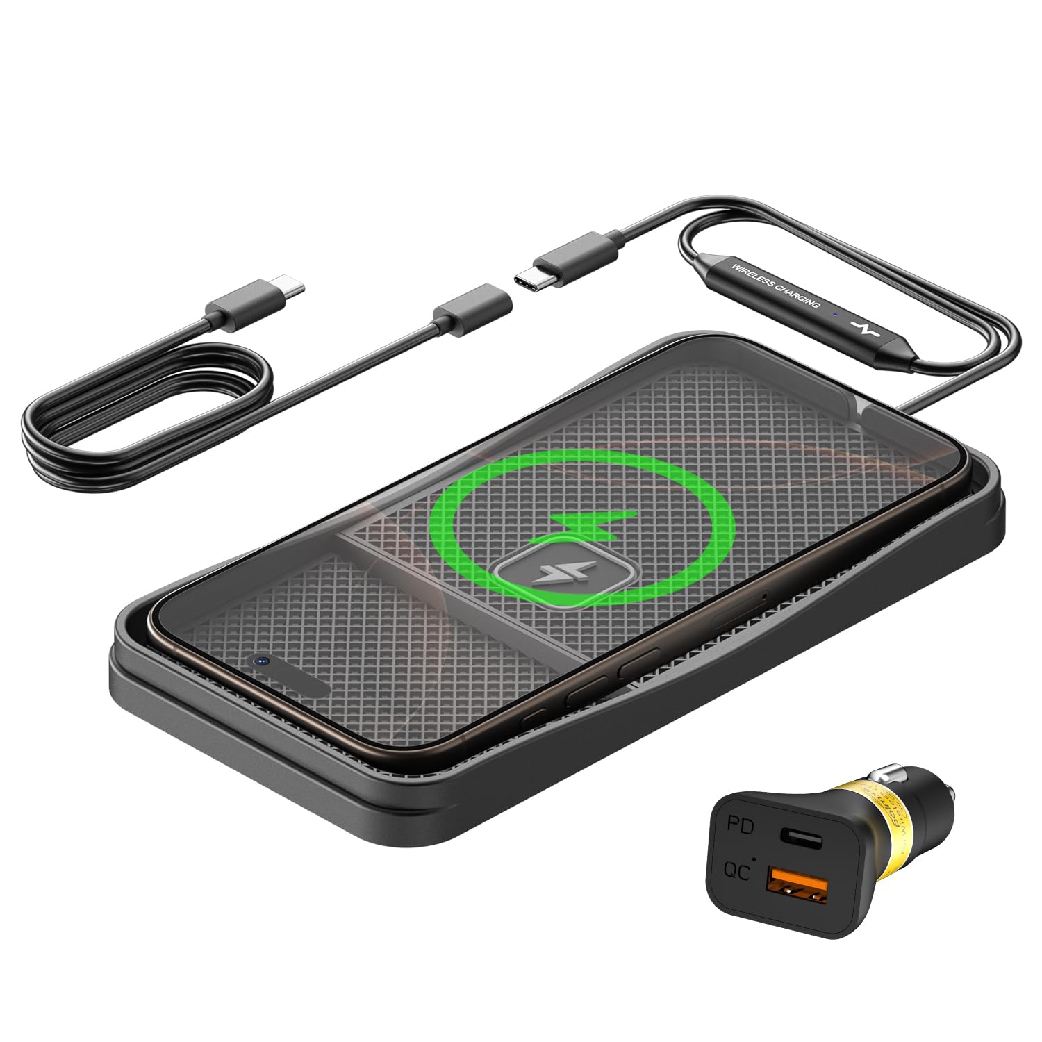 Alfombrilla Cargador Inalámbrico Coche, Polmxs 15W Cargador Coche Carga Rapida Inalambrico Antideslizante con Cable de 30cm y Extensión de 70cm, Compatible con iPhone 16/15/14/13/12, Samsung, Google