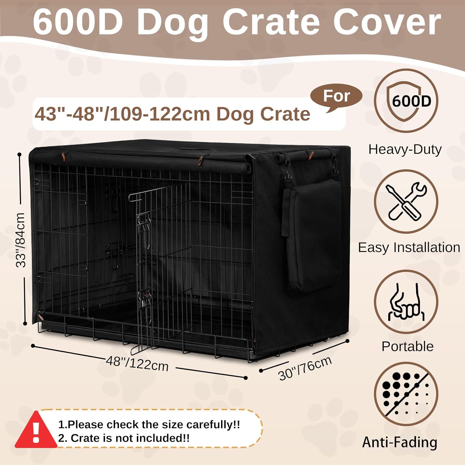 Dog Crate Cover for Anxiety,Water-Resistant,Windproof & Sun Resistant 600D Oxford Kennel Cover with Storage Bag,Calming Indoor Outdoor Pet Crate Cover for 42 Inch Wire Crates,Machine Washable,Black