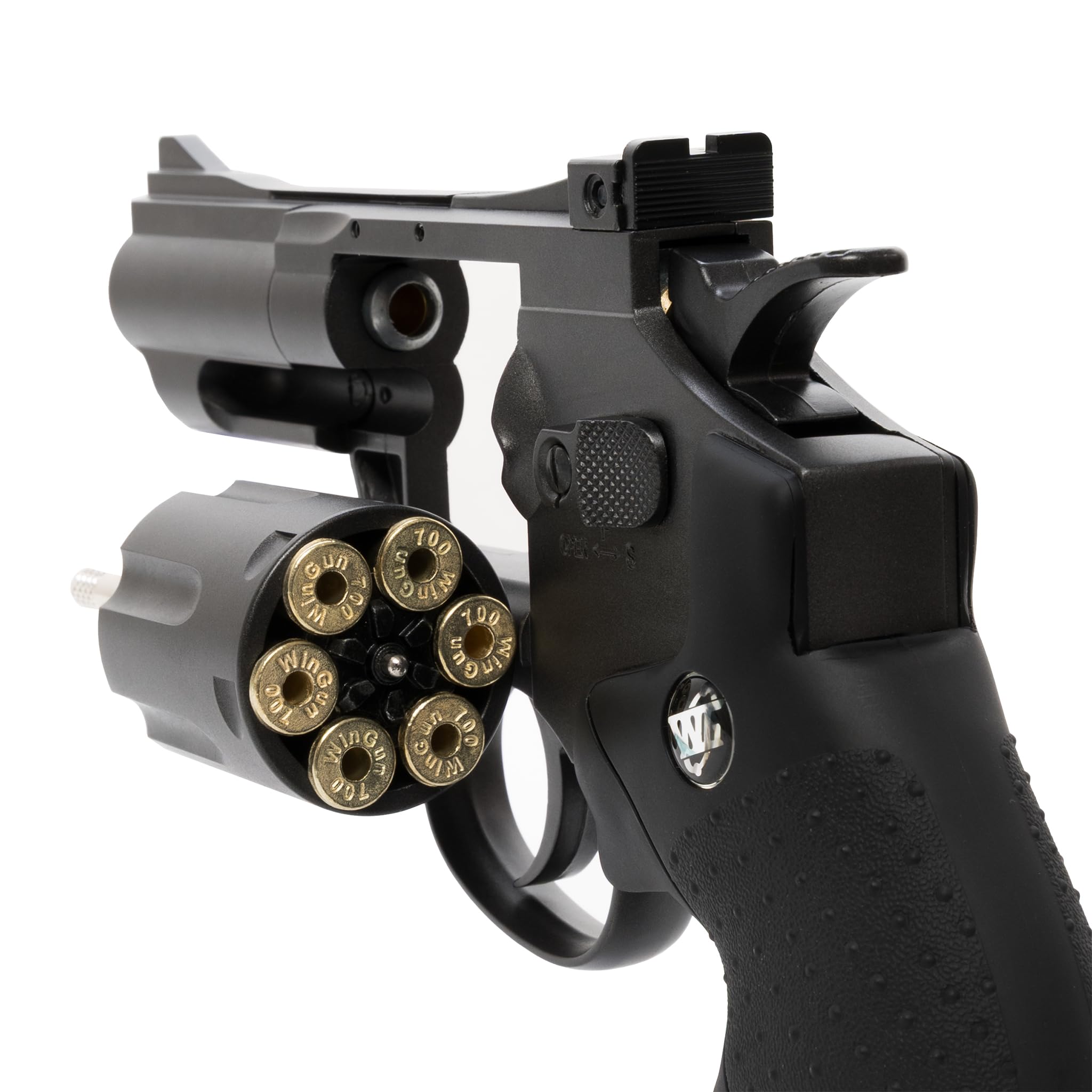 Pistola Softair Revolver, Pistola a Pallini, 5 bombolette Co2, 1000 Pallini 6mm, caricatore, 6 bossoli, Airsoft, Pistole Softair, potenza 0,9 joule, dimensioni cm 34x12,5