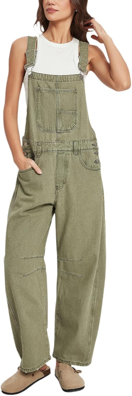 D-Sun Women's Y2K Denim Bib Overalls Baggy Barrel Leg Jumpsuit Loose Wide Leg Boyfriend Jean Romper