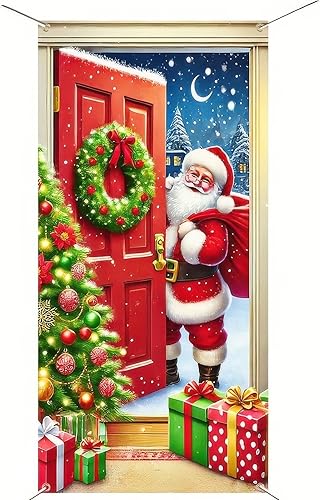 Miniatura 10 de Cubierta de puerta de Feliz Navidad de 71 x 35 pulgadas, pancartas para puerta de porche delantero, decoración de invierno, Papá Noel negro con la