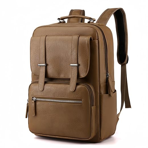 Mochila de Couro Sintético para Adulto, Cabe Notebook de 15,6 Polegadas