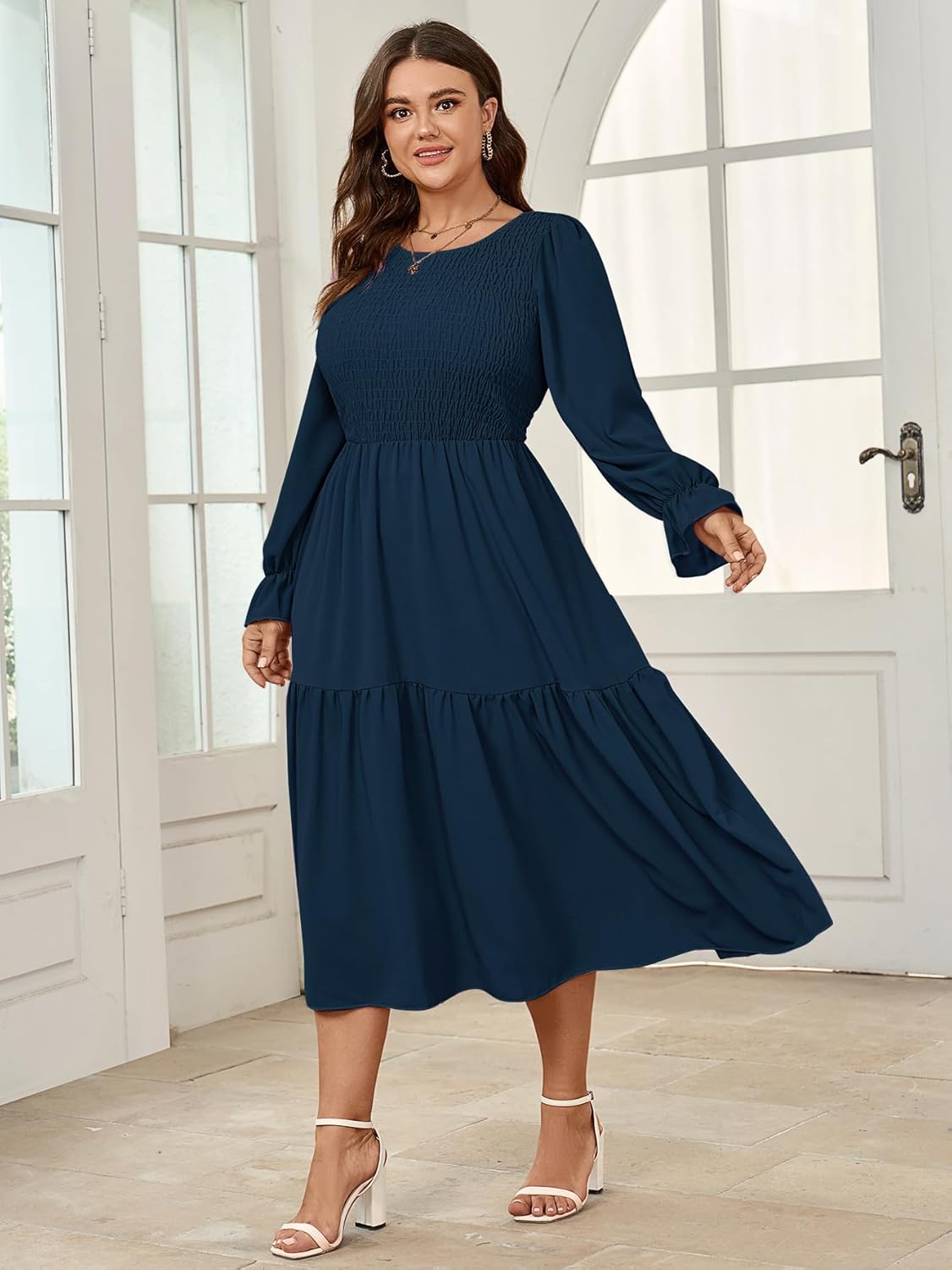 Women's Plus Size Dress Long Sleeve Crewneck Smocked Tiered Flowy Boho Wedding Party Maxi Dresses - Image 5