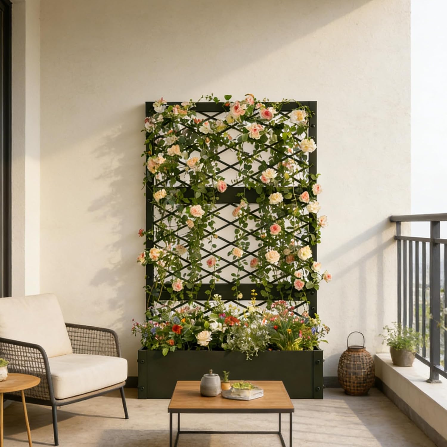 aboxoo 59 inch Metal Planter Planter Box with Privacy Screen Trellis Outdoor Raised Garden Bed Standing Garden Flower Bed with Drainage Holes(Black)