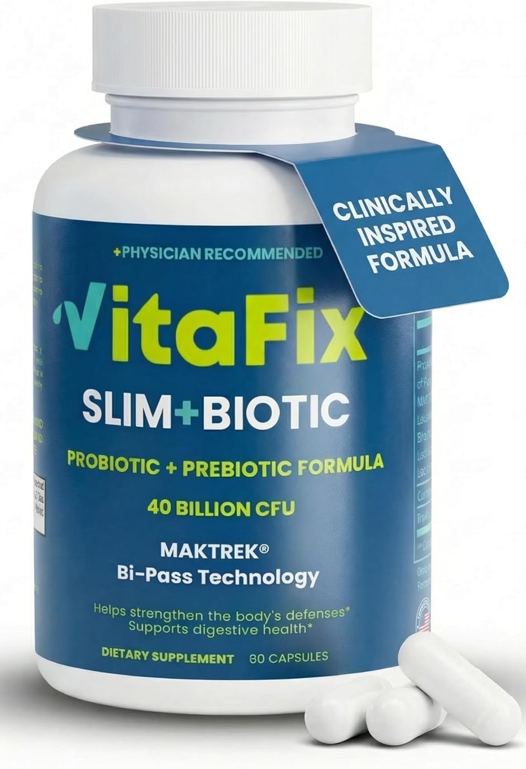Probiotic & Prebiotic SlimBiotic Synbiotic – 40 Billion CFU with MAKTREK® Bi-Pass Tech, Helps Gut Health & Digestion, Regularity, Bloat, Immune & Weight Loss For Women and Men, (60 Ct) Gluten Free
