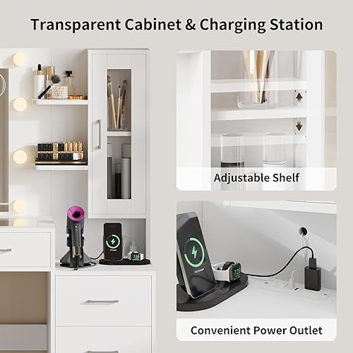 Miniatura 5 de Escritorio de tocador de 59 pulgadas de ancho con espejo y luces, tocador de maquillaje grande con toma de corriente, 8 cajones y 2 gabinetes, 4