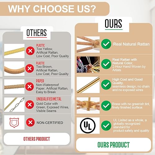 Miniatura 3 de Lámpara colgante de ratán bohemio de 39 pulgadas, 6 luces, lámpara colgante industrial rústica, grande, ajustable, accesorios de iluminación para