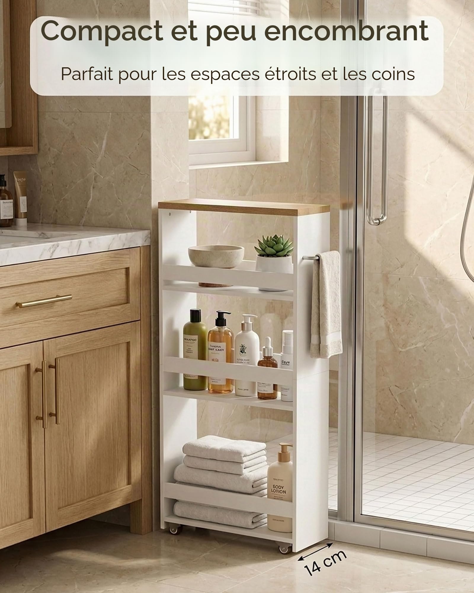 Desserte Salle de Bain à roulettes 40 x 14 x 80 cm Meuble Étroit 3 Niveaux Chariot de Rangement pour Salle de Bain Petit Espace Blanc Bois