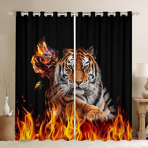 Cortinas de ventana con estampado de tigre, piel de tigre, animales de moda, para niños, niñas y adultos, rosas de llama, flores románticas, color