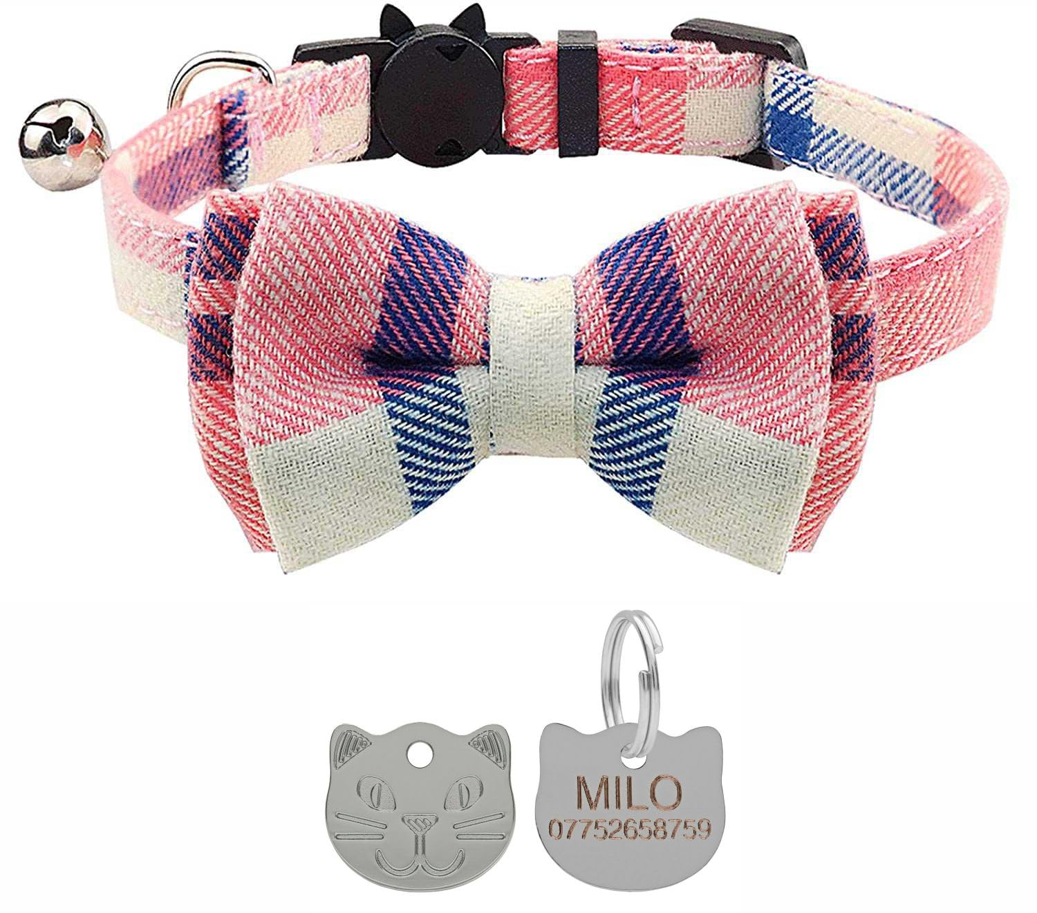 Cat Collar with Bell and Bow Tie, Quick Release Safety Buckle Collars for Kitten and Cats, Soft Tartan Design - With Personalised Engraved Silver Cat Face ID Tag (Pink)