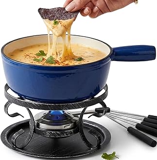 10-Piece Cast Iron Cheese Fondue Pot Set, 2.1 Qt Swiss-Style Fondue Set for 6 with Burner, Stand & 6 Forks, Blue, for Chocolate, Broth & Dips