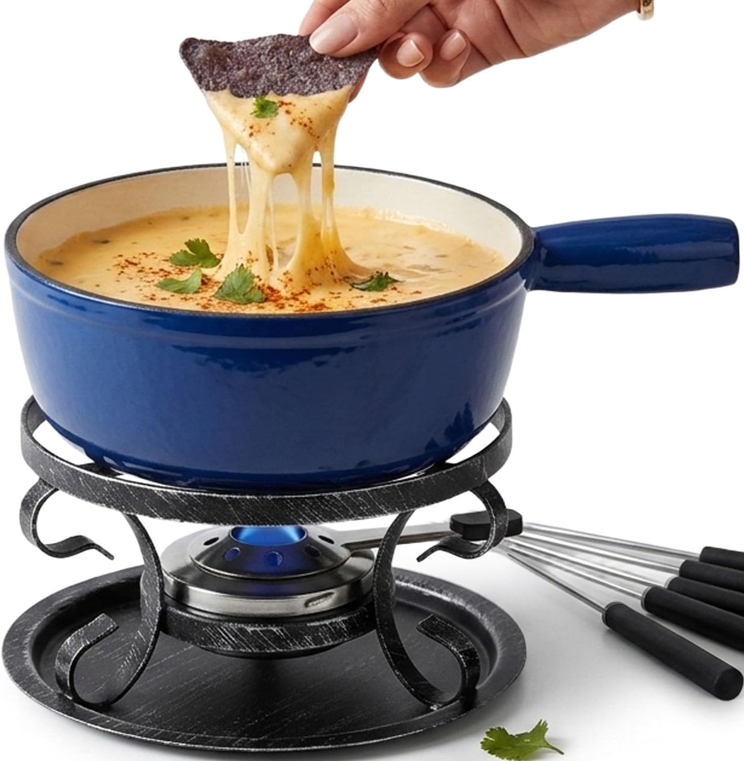 10-Piece Cast Iron Cheese Fondue Pot Set, 2.1 Qt Swiss-Style Fondue Set for 6 with Burner, Stand & 6 Forks, Blue, for Chocolate, Broth & Dips