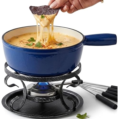 Artestia 10-Piece Cast Iron Cheese Fondue Pot Set, 2.1 Qt Swiss-Style Fondue Set for 6 with Burner, Stand & 6 Forks, Blue, for Chocolate, Broth & Dips