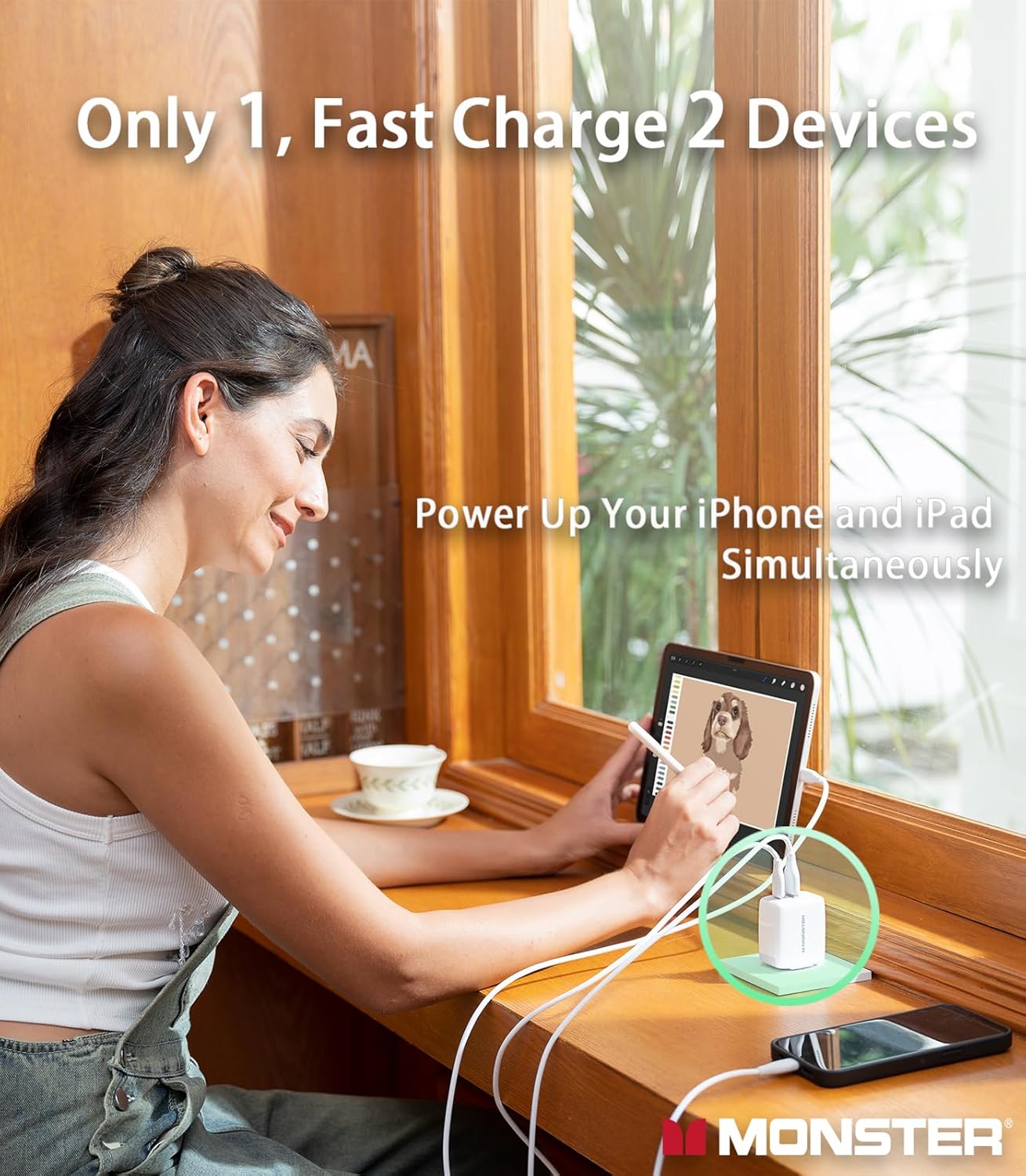 Monster 65W USB C Charger Block, PPS 2-Port, Foldable GaN Fast Charger, Heat-Free Ensure Security for iPhone 16 Pro Max/15/14, iPad, MacBook, Samsung Galaxy S25, Pixel and More, with Silicone Cable
