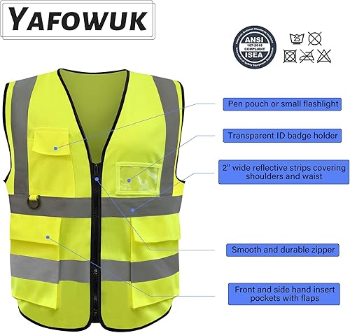 Miniatura 3 de Chaleco de seguridad reflectante de construcción de neón, de alta visibilidad, 7 bolsillos con cremallera frontal, cumple con las normas ANSIISEA