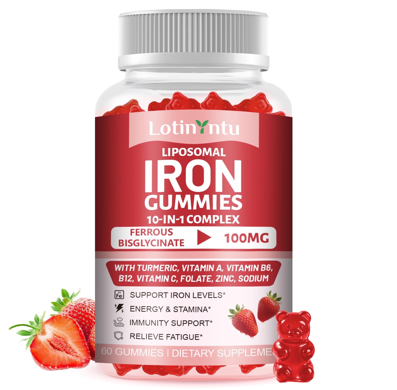 100MG Iron Gummies, 10-in-1 Iron Supplement for Women ＆ Men, Iron Bisglycinate with Vitamin C, Vitamin B6 B12 for Iron Deficiency, Support Iron Levels, Energy & Stamina, Immunity Support, 60 Gummies 60 Count (Pack of 1)