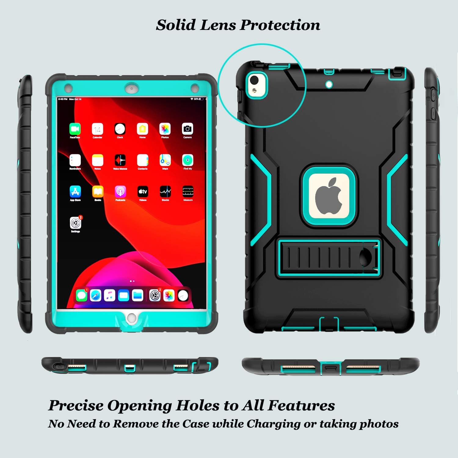 LTROP New iPad 10.2 Case, iPad 9th/8th/7th Generation Case with Built-in Screen Protector, Heavy Duty Full-Body Drop Protection Stand Case Cover for iPad 10.2-inch 2021/2020/2019, Black and Turquoise