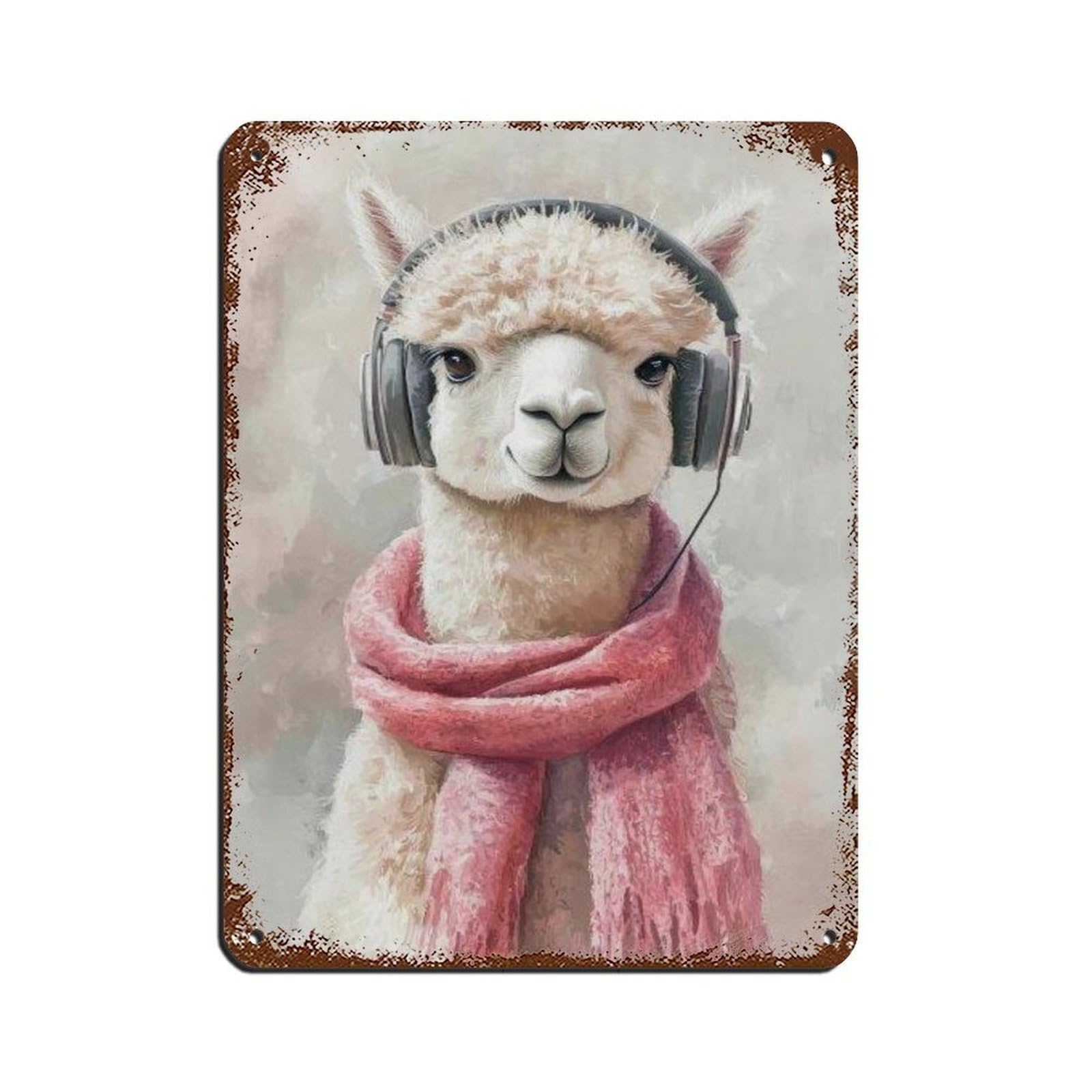 Cute Llama, Alpaca with Headphones Retro Poster Metal Tin Sign Chic Art Retro Iron Painting Bar People Cave Cafe Family Garage Poster Wall Decoration 12x16inch(30x40cm)