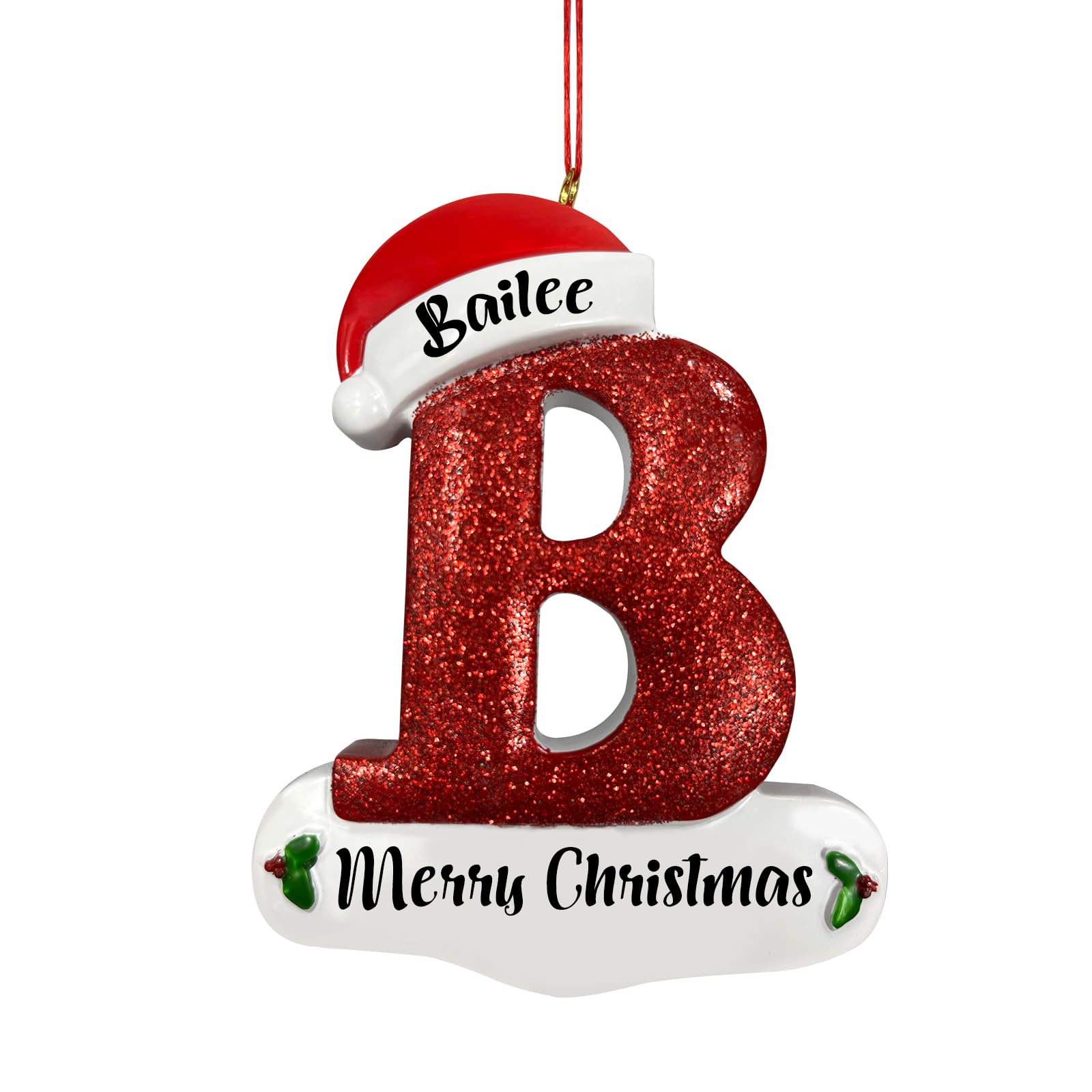 KOLOWKO Personalized Christmas Tree Letter Pendant, Customized Name & Blessing, Resin Material, 26 Letter Pendant with Red Rope