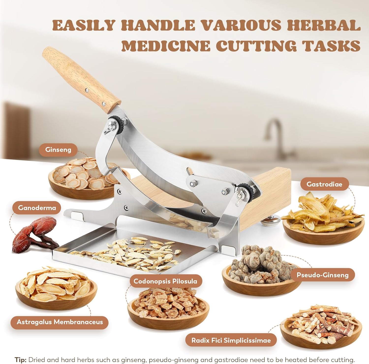 Moongiantgo Biltong Slicer Chinese Medicine Radiused Beef Jerky Cutter, 0-0.5” Adjustable Thickness, Wooden Base Herb Root Cutting Machine for Ginseng Antler Gastrodiae Maca Ganoderma