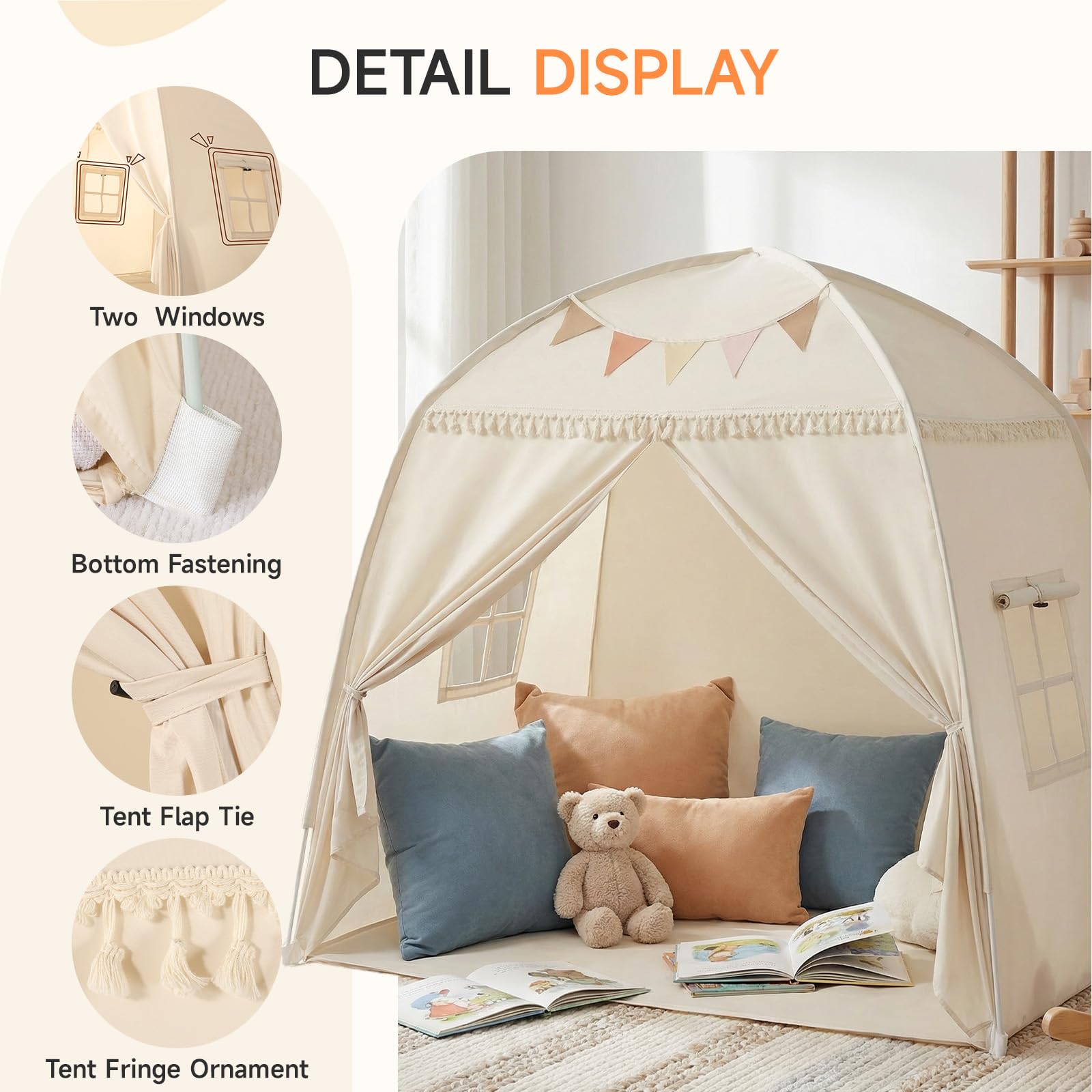 Großes Tipi Zelt für Kinder: Zelt für Kinder Indoor Kleinkind Tipi für Jungen & Mädchen - Kleinkind Spielhaus innen Vordach Bett für Spielzimmer Geschenk Spielzeug (Creme)