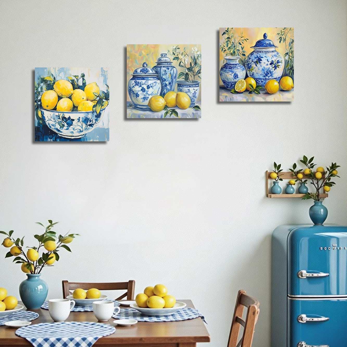 BJYCHG Lemon Wall Art Lemon Pictures for Kitchen Set of 3 Blue and Yellow Canvas Prints Citrus Fruit Poster Summer Paintings Bathroom Kitchen Decor Framed (12x12inx3 Pieces)