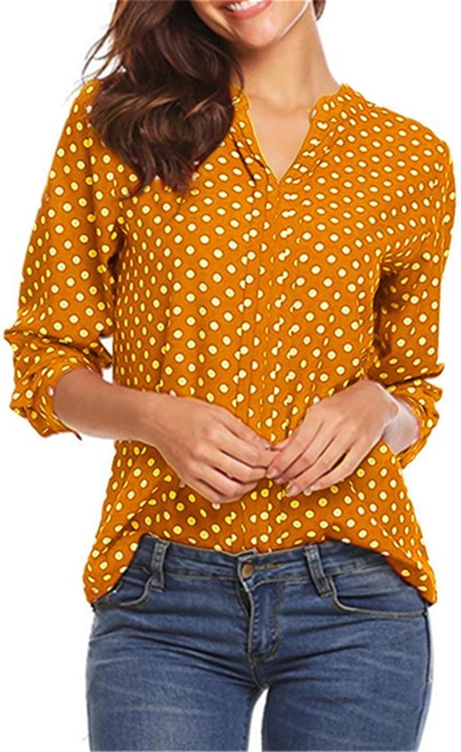 Andongnywell Women's V Neck Dot Printed Blouse Long Sleeve Shirt Office Work Blouse Shirts Tops Tunics