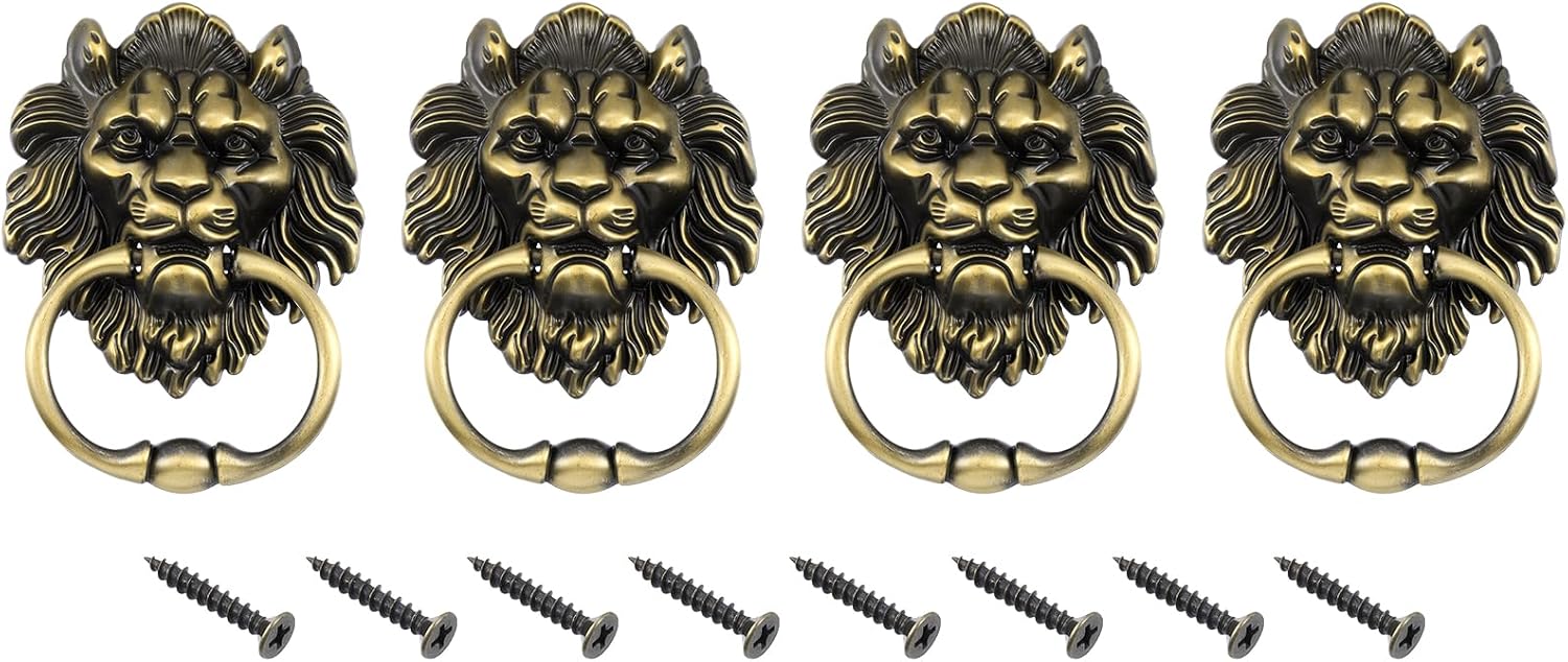 uxcell 4 Pcs Lion Head Pulls Knob, 6 Inch Zinc Alloy Vintage Lion Door Handle Decorative Front Door Knob Ring Pull Handle for Gate Cabinets Drawers, Silver