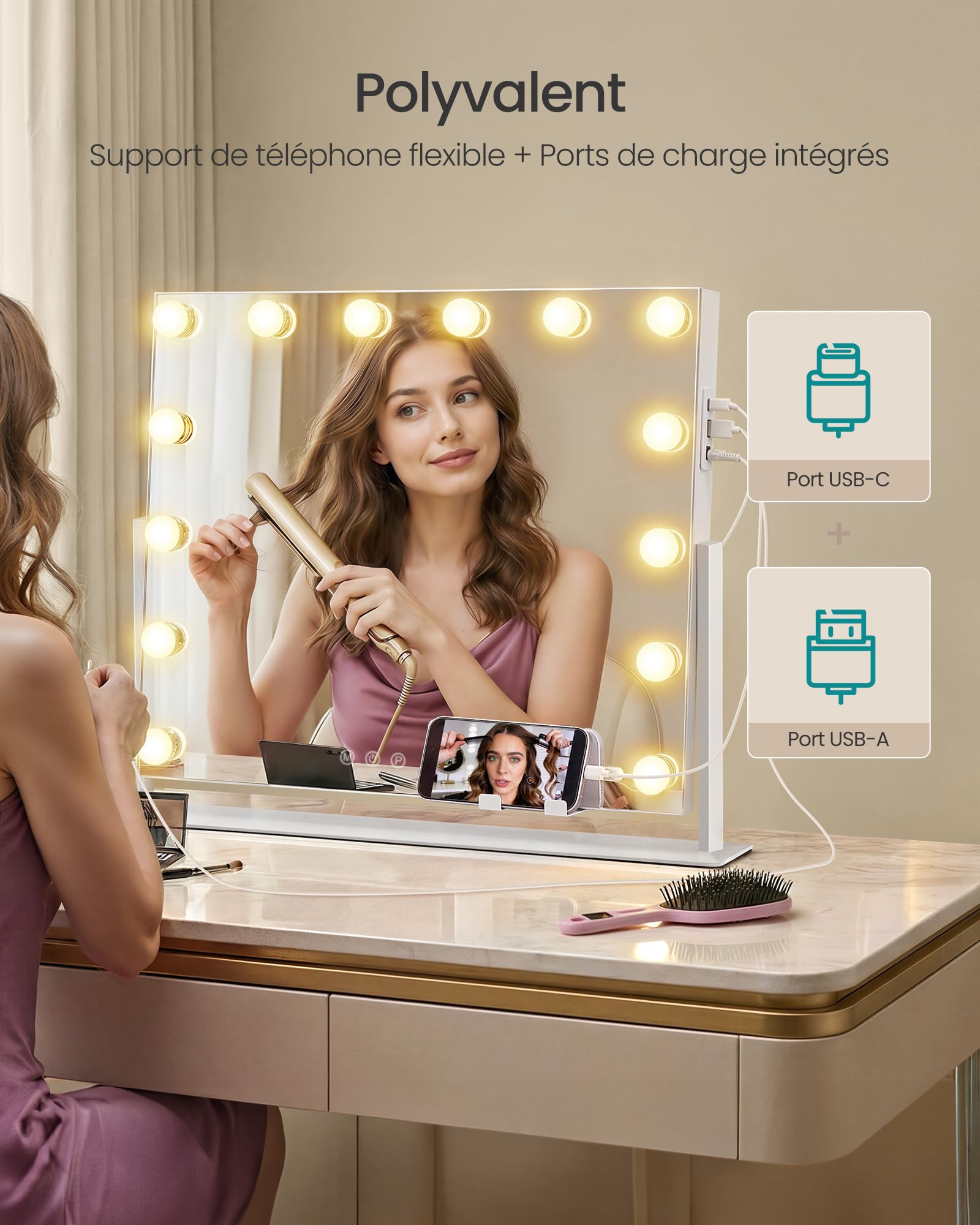 SONGMICS Miroir de Maquillage avec Lumières, 14 Ampoules LED, Ports de Charge, Miroir Grossissant Détachable 10x, 3 Températures de Couleur, Support de Téléphone, 50 x 42 cm, Blanc Mat LWM007WC02