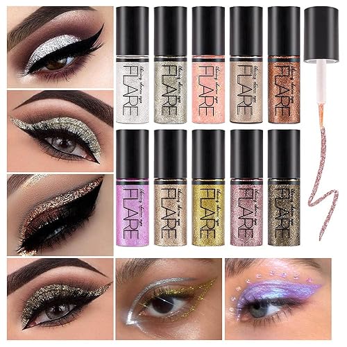 evpct 10 Colores Glitter Liquid Gel Eyeliner Eye Glitter Sombra de Ojos Set de Maquillaje Rosa Marrón Blanco Oro Glitter Líquido Sombra de Ojos Set