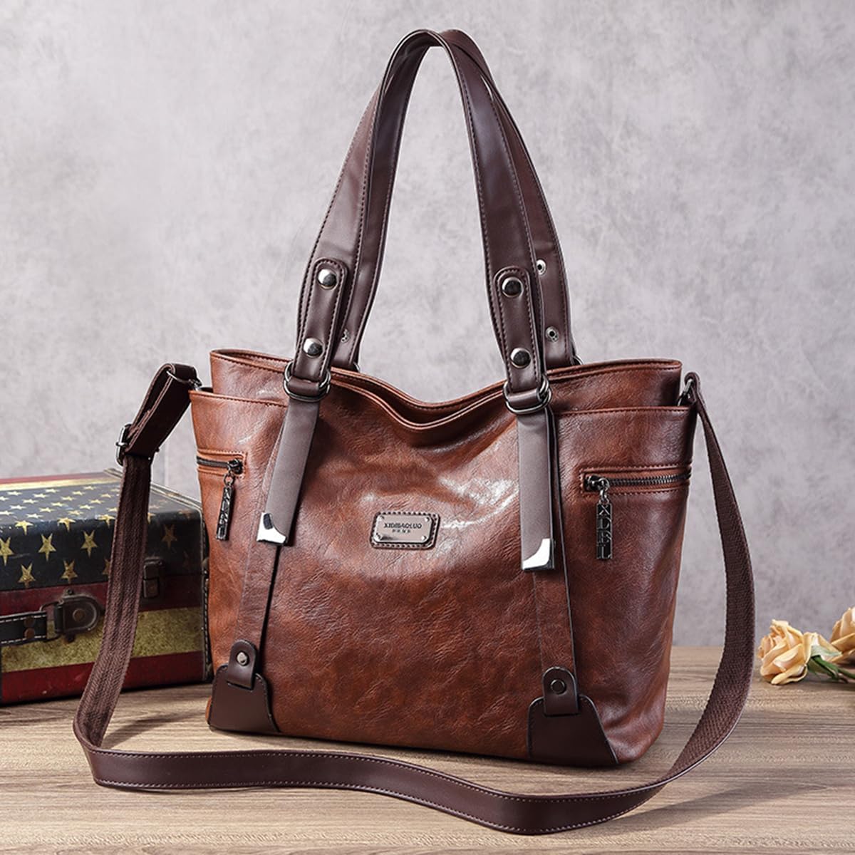 Handbags and Purses for Women Vegan Leather Tote Bag with Zipper Compartments Womens Shoulder Crossbody Satchel Bags - Image 2