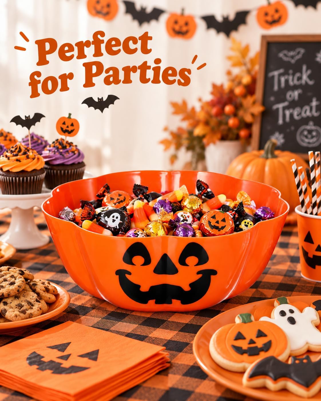 Baluue Halloween Candy Bowl 11.6 Inch Large Plastic Trick Treat Candy Bowls with Bat Ghost Jack-O-Lantern Orange Treats Serving Trays for Halloween Parties Supplies