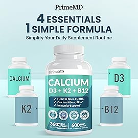 4-in-1 Calcium Supplements for Women and Men - Calcium with Vitamin D3 K2 5000 IU Supplement, 601mg per Serving for Heart, Bones & Body Defenses - Gluten-Free, Vegan-Friendly (360 ct) (Pack of 1)