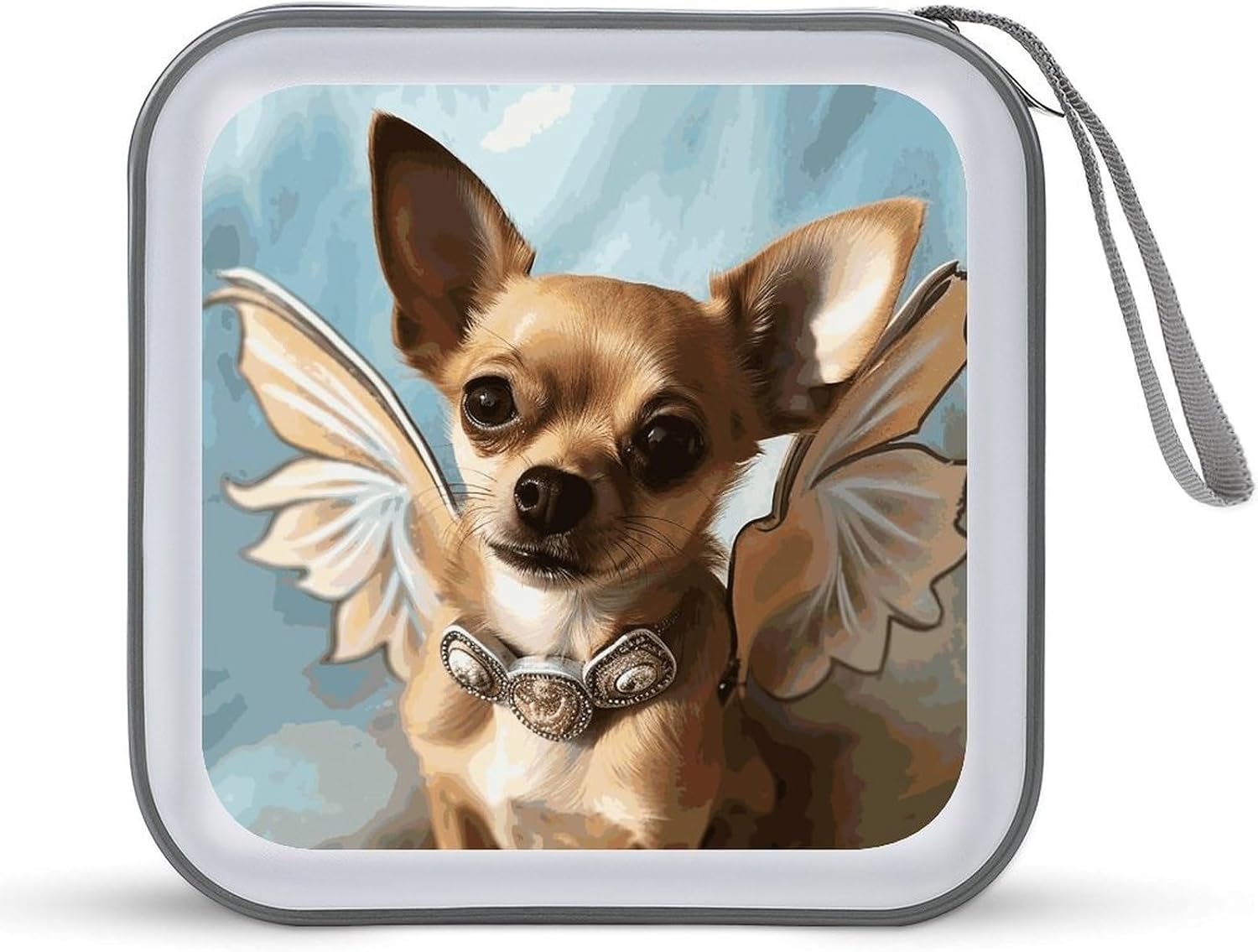 Brown Chihuahua Angel Wings DVD Case, 40 Capacity CD Case Holder with Zippers, Portable CD Holder Hard Plastic Disc Cases Personalized DVD Wallet Organizer for Car Home Travel