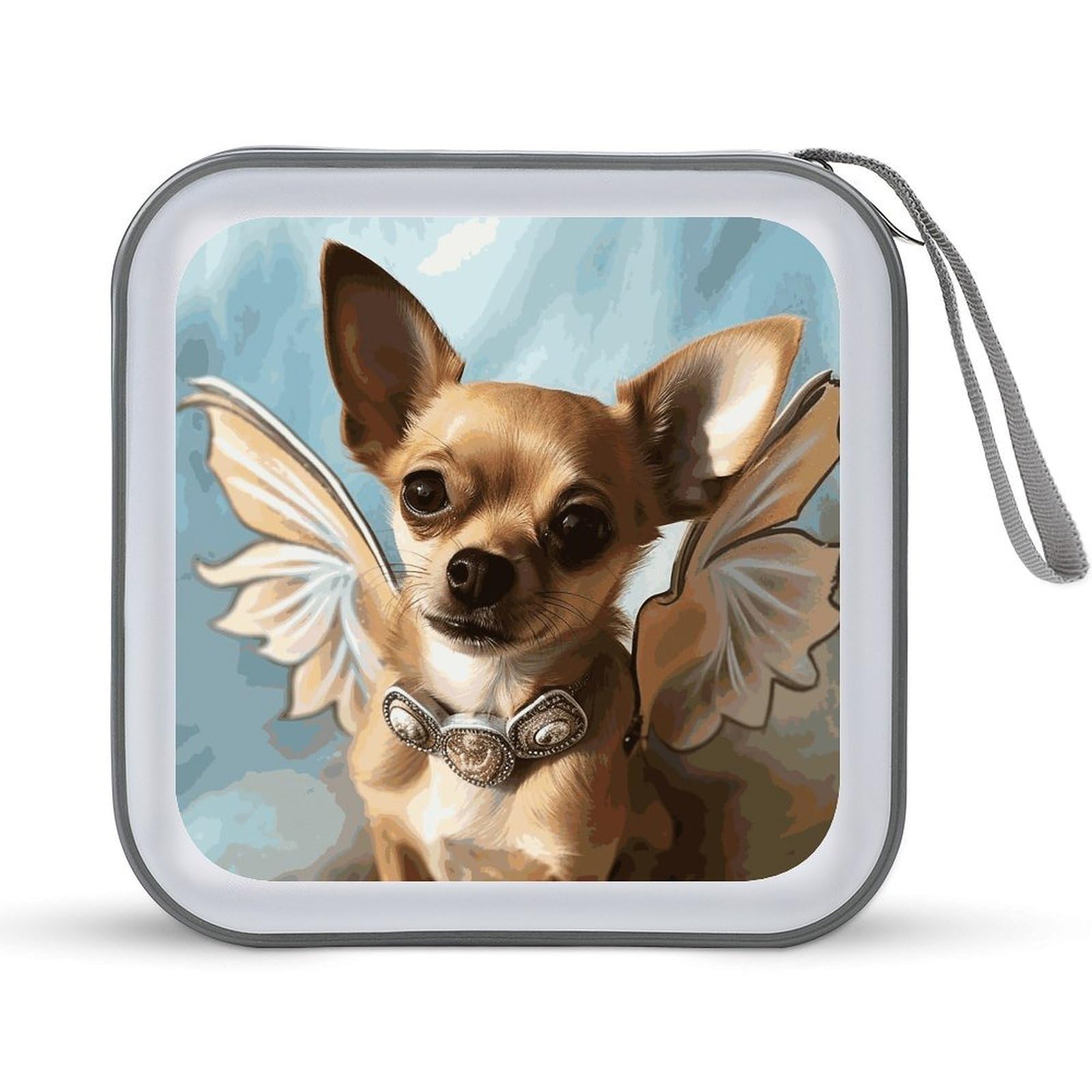 JTREHY Brown Chihuahua Angel Wings CD Case 40 Capacity CD/DVD Case Holder Disc Storage Organizer Wallet Bag Portable Zipper CD Case Holder for Car Home Office Travel