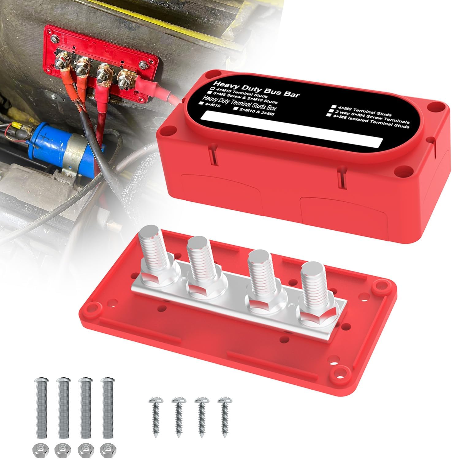 Heavy Duty Bus Bar 300A 12V Power Distribution Block with 3/8" (M10) 4-Posts Terminals Block with Cover for Automotive, Marine, Battery System (Red)